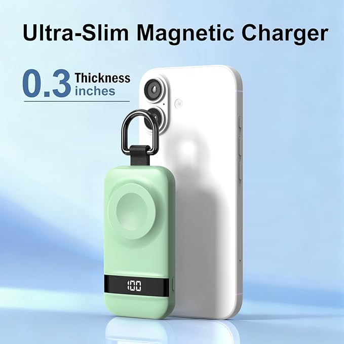 Portable Charger for Apple Watch, 2500mAh & Digital Display – Magnetic Fast Charging iWatch Charger for Travel – for Apple Watch Series 1-11/SE1-3/Ultra 1-3 (Mint Green)