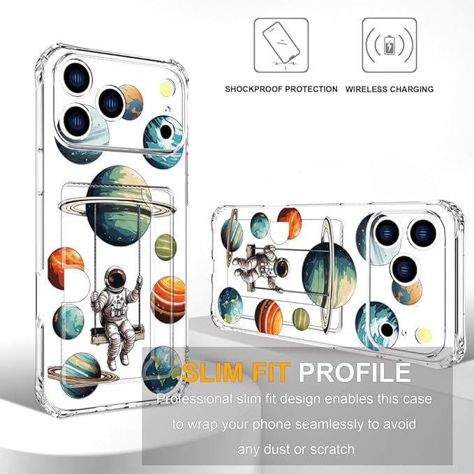 Compatible with iPhone 17 Pro Case Card Holder for Women Cute Design,Wallet Phone Cases Transparent Cool Kawaii Protective (Clear Astronaut Space Planets)