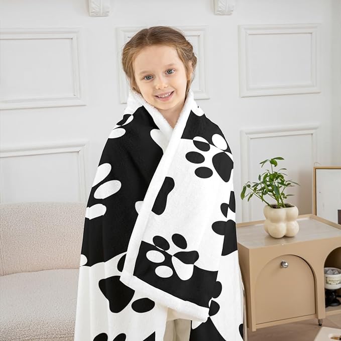 Dog Paws Print Kids Throw Blanket, Cute Animals Pets Geometric Waves Patchwork Fleece for Girls Boys Adults, Black White Fuzzy, 50 x 60 Inches