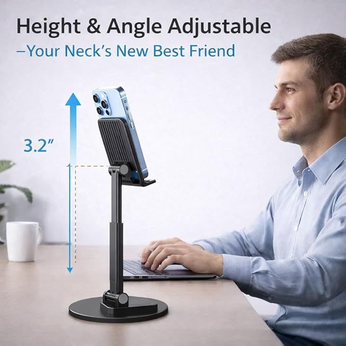 Mizi Portable Cell Phone Stand for Desk - Height & Angle Adjustable Mobile Foldable Holder, Compatible with iPhone 17 16 15 14 13 12 11 Pro Max, Galaxy S25 S24, All 4–10" Devices - Black