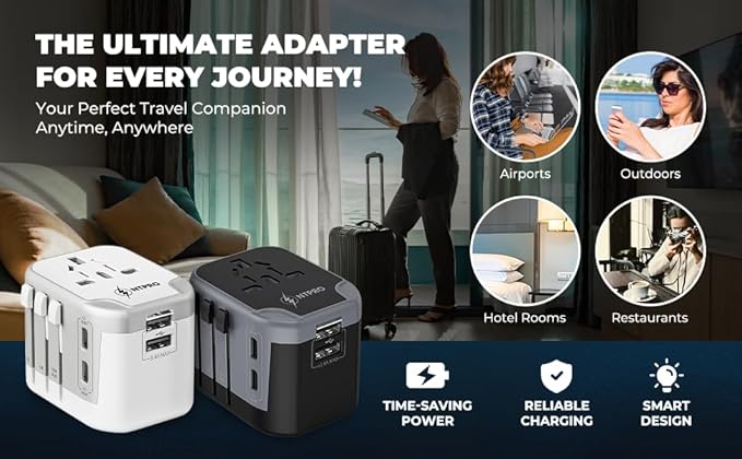 5 in 1 Universal Travel Adapter-10A | International Power Adapter with 2 USB C, 2 USB A Ports | 3.4A & 2400W Fast Portable Charger | Travel Adapter Worldwide Covering 200+ Countries- White