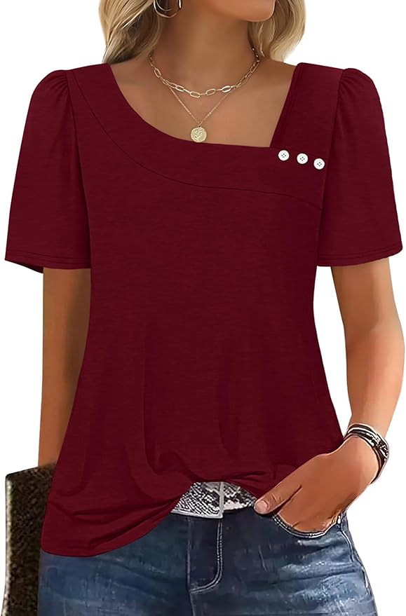 WIHOLL Womens Summer Tops Short Sleeve Shirts Square Neck Spring Outfits 2026 Fashion Clothing Blouses