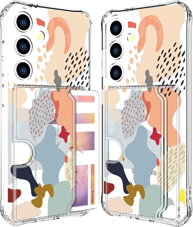 Compatible with Samsung Galaxy S24 / S25 Case Card Holder for Women Cute Design,Wallet Phone Cases Transparent Cool Kawaii Protective (Clear Abstract Art)