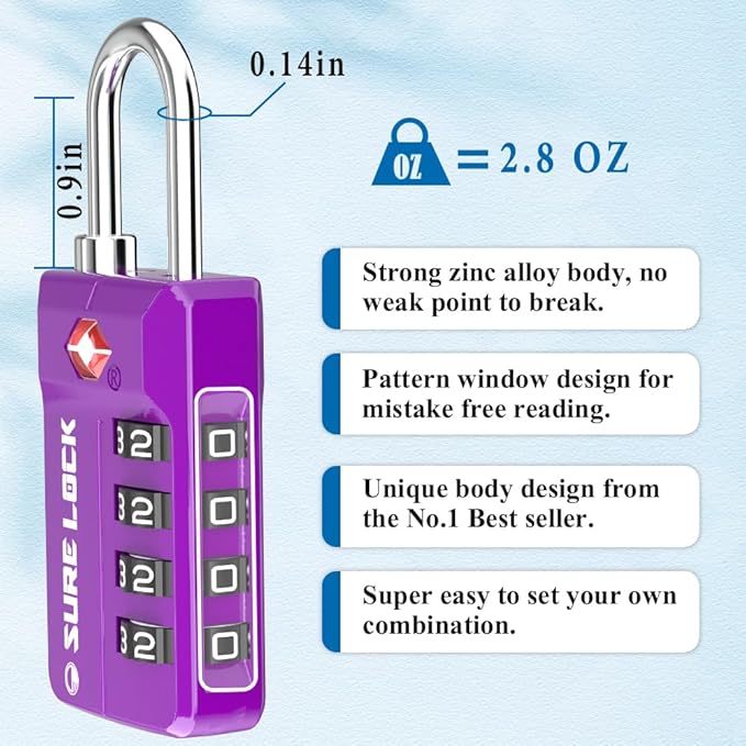 SURE LOCK TSA-Approved 4-Digit Resettable Combination Lock with Open Alert, Easy-Read Dials - for Luggage, School Lockers, Gym, Office, Toolbox & Security Cases (Dark Purple 2 Locks)