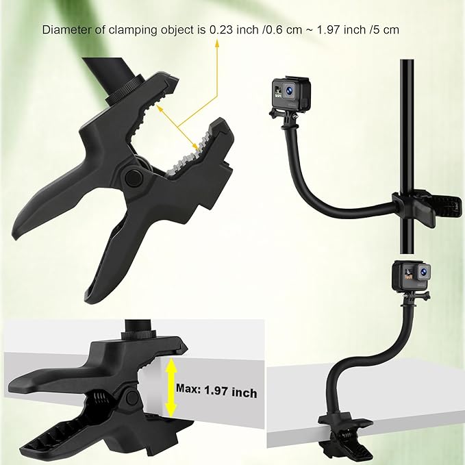 Upgraded Camera Jaws Flex Clamp Mount,11.8 inch Flexible Gooseneck Arm,Compatible for Gopro Hero 13/12/11/10/9/8/7/6/5/4/Max/Fusion,Insta360 one X1/X2/X3/R/RS,Mevo Start,DJI Osmo Pocket3 Action Camera