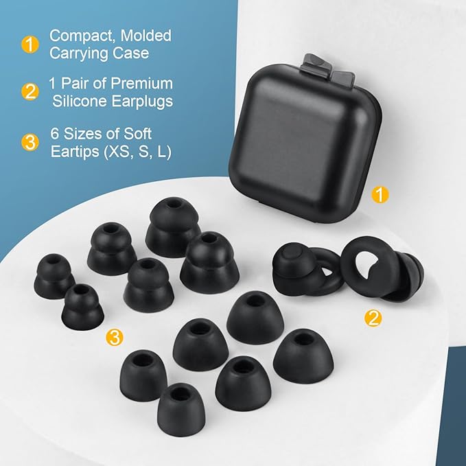 Ear Plugs for Sleeping Noise Cancelling，1 Pairs Reusable Silicone earplugs，Suitable for Concentration, Study, Work, Travel, and snoring – 6 Pairs Ear Tips (XS/S/L Sizes) and Storage case