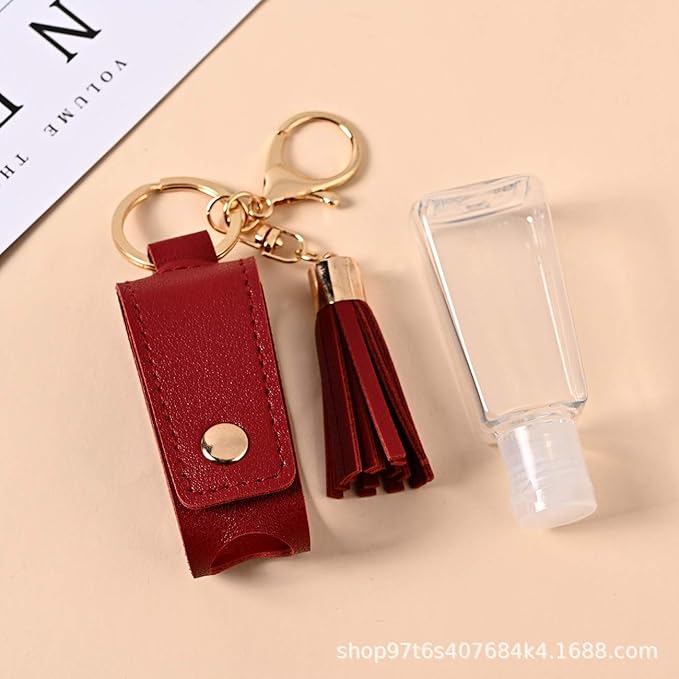 HSYHERE Multifunction Portable Empty Travel Bottle Keychain Hand Sanitizer Bottle Keychain, PU Leather Tassel Key Chains Car Key Ring +Refillable Containers for Toiletry Shampoo Lotion Soap -Black