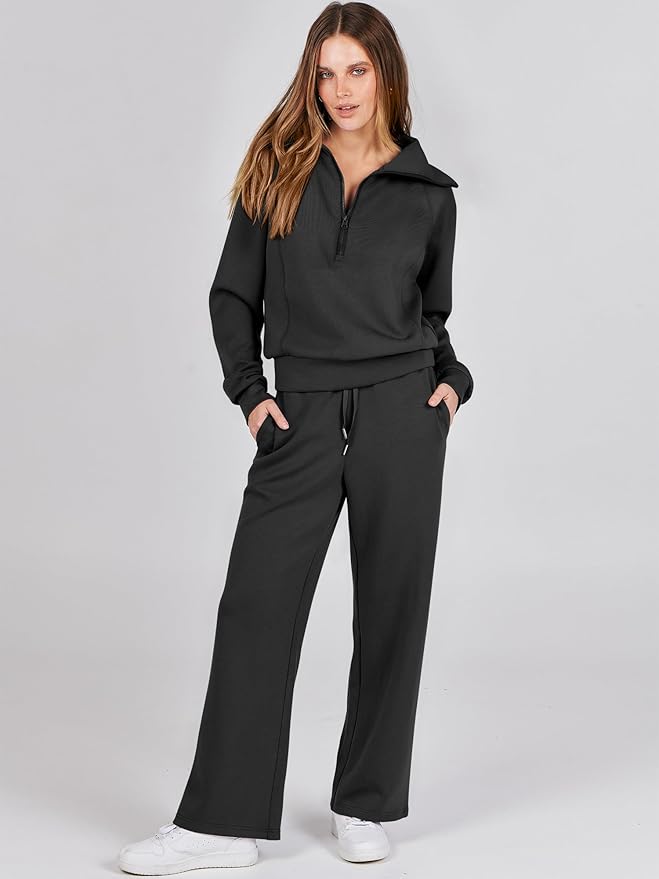 ANRABESS Women 2 Piece Outfits 2025 Fall Fashion Airport Wide Leg Pants Lounge Set Leisure Travel Vacation Clothes Sweatsuits