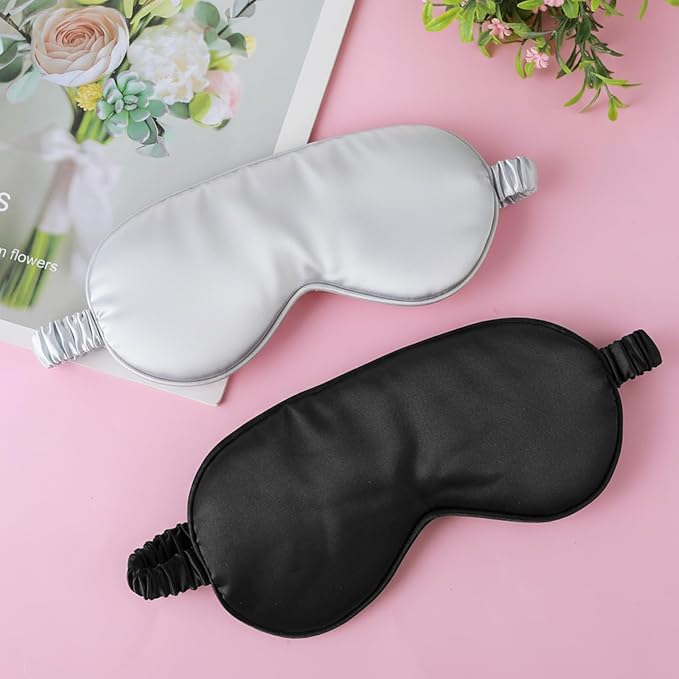 2 Pack Sleep Mask Silk Eye Mask Cover for Sleeping, Soft Satin Blindfold with Elastic Strap, Comfortable Night Sleeping Masks for Women Men(Black&Silver)
