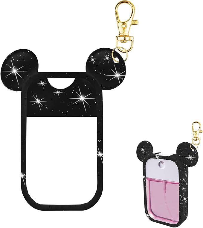 TERPINK Silicone Case Compatible with Touchland Hand Sanitizer Spray 1 fl oz, Mouse Design Protective Case with Keychain, Hand Sanitizer Spray Accessory 1 Pack (Glitter Sequin Black)