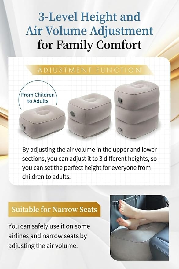 Inflatable Foot Rest for Airplane Travel - Adjustable Height Leg Pillow for Long Flights - Portable Travel Footstool with Pump-Free Inflation Bag - Car & Office Leg Rest Essentials