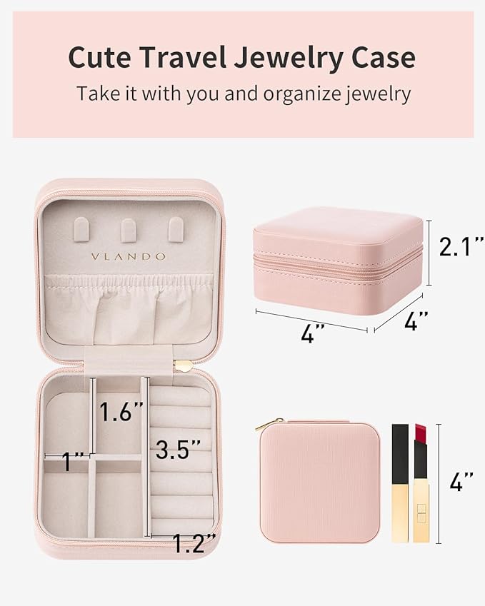 VLANDO Travel Jewelry Case - Mothers Day Mom Gifts for Women - Small Jewelry Travel Organizer Box Travel Essentials Gift for Teen Girl Women - Pink