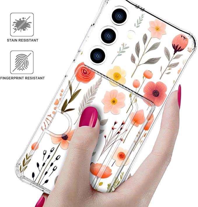 Compatible with Samsung Galaxy S24+ Plus / S25+ Plus Case Card Holder for Women Cute Design,Wallet Phone Cases Transparent Cool Kawaii Protective (Clear Flowers Leaves)