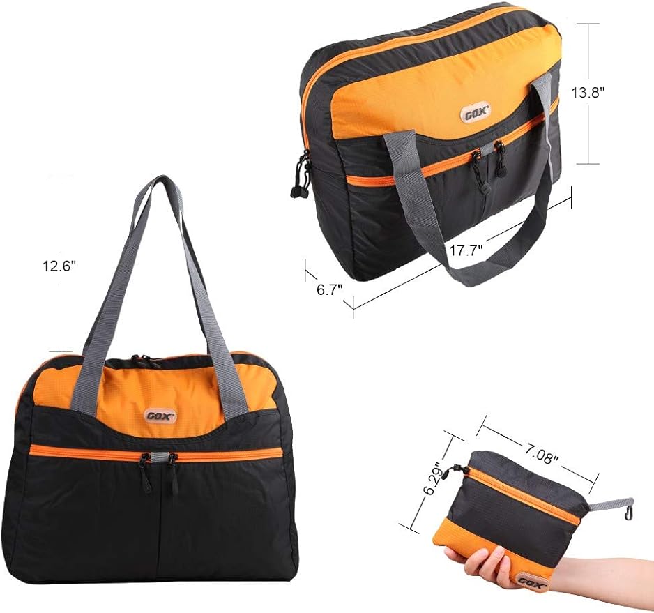 GOX Ultra Light Foldable Packable Tote Bag Weekender Crossbody Duffel Nylon for Women Small Travel Tote under Seat Shoulder Bag on Plane Extra Large Bag with Zipper (Black&Orange)