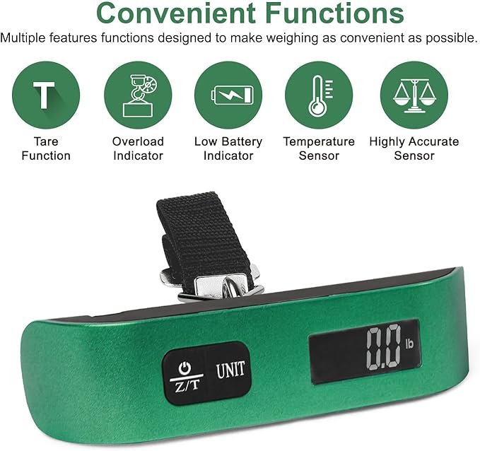 travel inspira Luggage Scale, Portable Digital Hanging Baggage Scale for Travel, Suitcase Weight Scale with Rubber Paint, 110 Pounds, Battery Included - Green