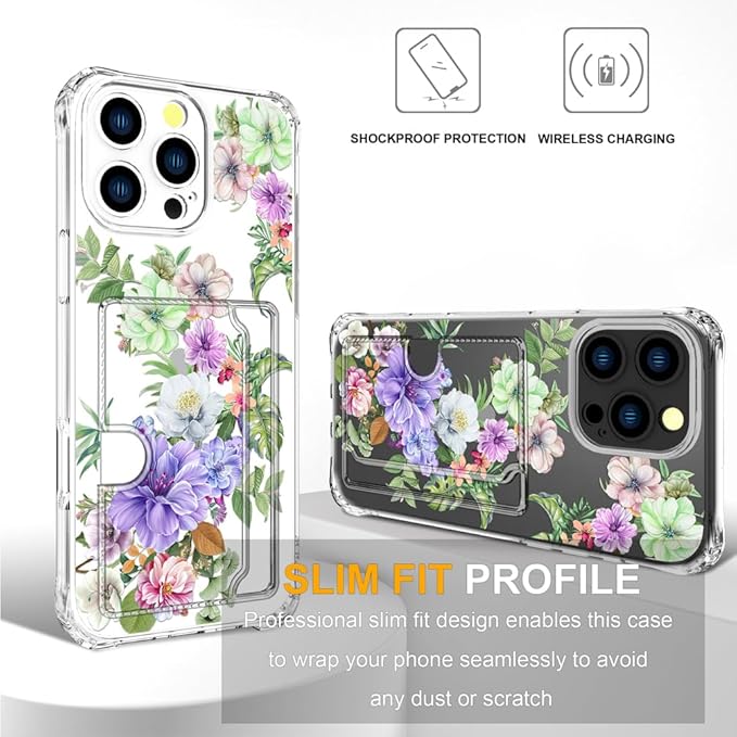 Compatible with iPhone 16 Pro Case Card Holder for Women Cute Design,Wallet Phone Cases Transparent Cool Kawaii Protective (Clear Impressive Flowers)