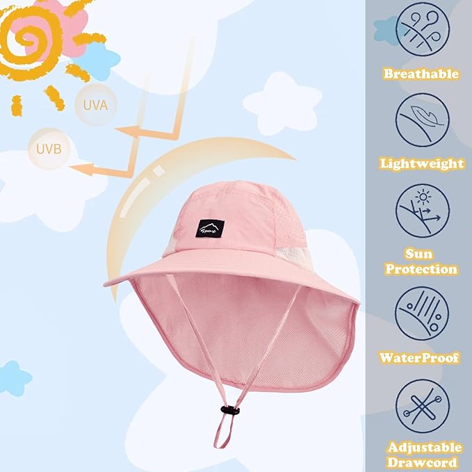Outdoor Kids Sun Hat with Neck Flap UPF 50+ Quick Dry Beach Hats for Baby Boys Girls Age 2-12 Years Adjustable