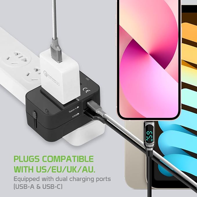 Portable Worldwide Universal Power Adapter Converter All in One International Wall Charger Plug for Wall Plug Input in USA EU UK France Italy Australia India Outlets (with USB-A and USB-C)