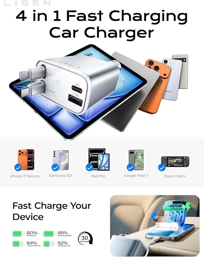 LISEN White Retractable Car Charger, for Gifts for Him Her, for iPhone 17, Cute 4 in 1 Retractable USB C Car Charger for Women, 75W Fast Charging Car Accessories for iPhone & Samsung S26 & Android
