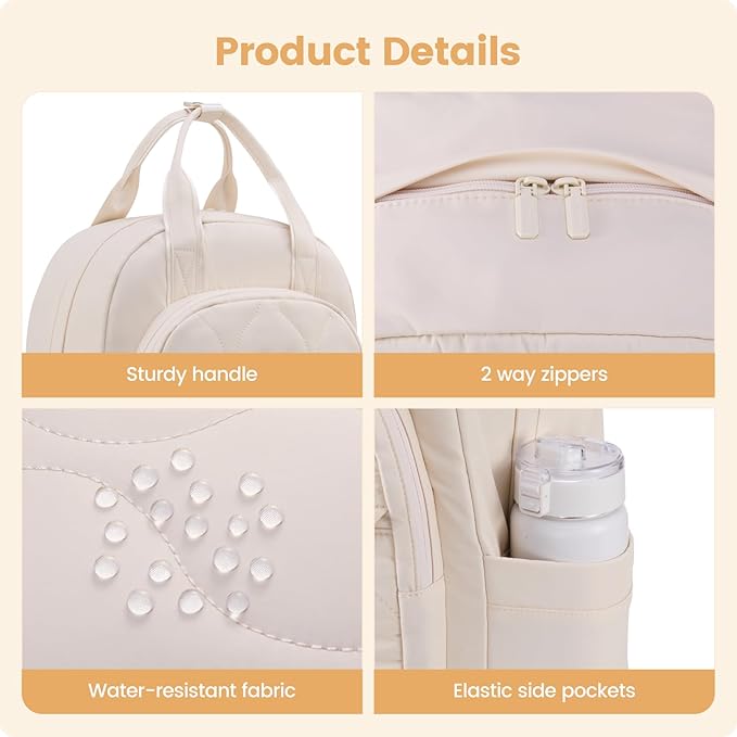 LOVEVOOK Laptop Backpack for Women, College Travel Backpack Puffer Womens Backpack for 17.3 Inch Laptop, Computer Water-Resistant Quilted Casual Daypack, Beige