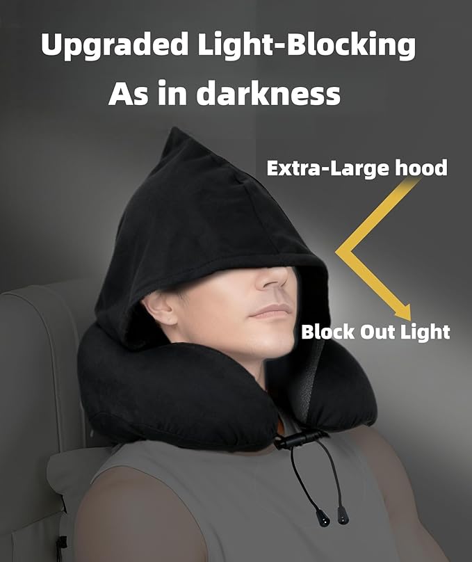 Travel Neck Pillow with Extra Large Hood Rollable Airplane Hooded Neck Pillow with Memory Foam Filling and Removable, Skin-Friendly Cover with Carrying Case & Pouch (Velvet)