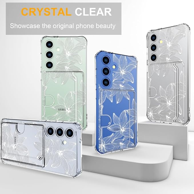 Compatible with Samsung Galaxy S24+ Plus / S25+ Plus Case Card Holder for Women Cute Design,Wallet Phone Cases Transparent Cool Kawaii Protective (Clear Flower White)