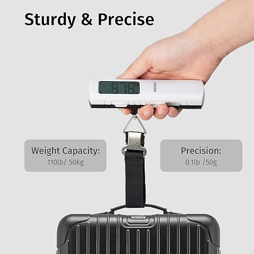 INFOOD Battery-Free Digital Luggage Scale, Suitcase Scale for Travel, Portable Luggage Weight Scale with Hook & LCD Display for Luggages, Packages & Bags, 110lb/50kg Handheld Scale, White