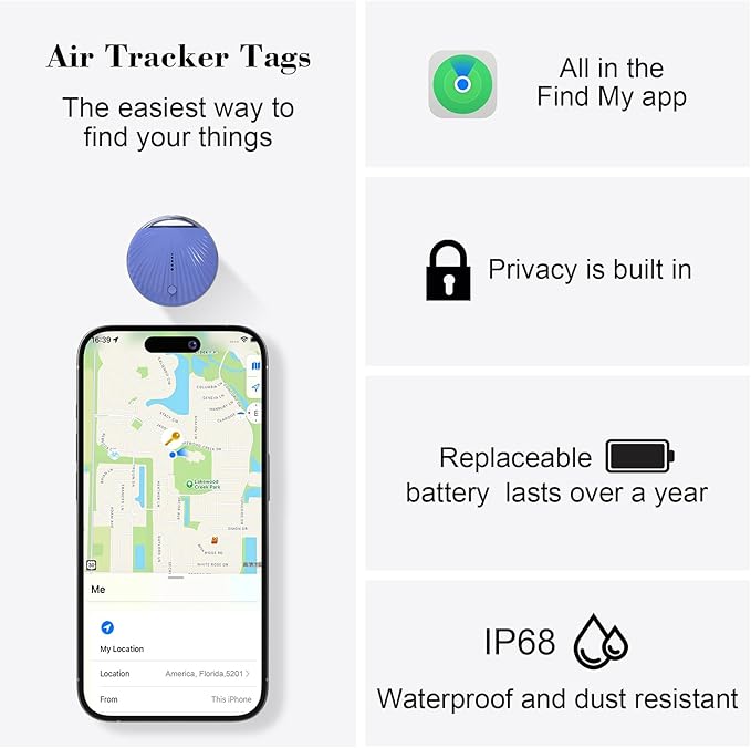 Air Tracker Tag, [MFi Certified] Smart Tag, Pet Bluetooth Tracker for Apple Find My, IP68 Waterproof,Replaceable Battery, Key Finder and Item Locator for Keys, Bags, Pets, Wallet-Blue