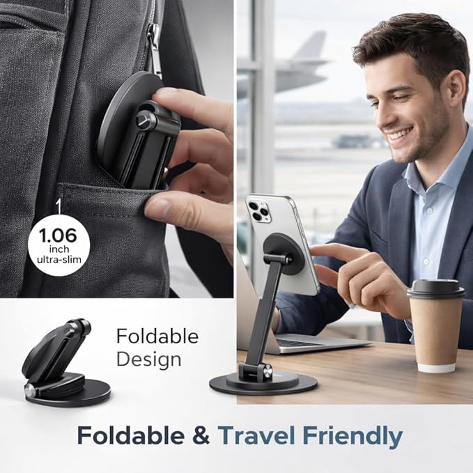 Mizi Magnetic Phone Stand for MagSafe - Adjustable Height & 360° Rotating iPhone Desk Holder Compatible with iPhone 17/16/15/14/13/12, Galaxy Series & MagSafe Cases – Black