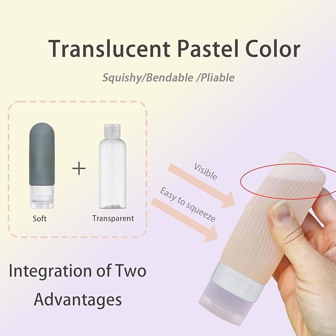 Travel Bottles for Toiletries, TSA Approved Silicone Travel Containers for Toiletries, Leak Proof 3 oz Refillable Bottles for Shampoo, Conditioner, Translucent Pastel Color (4 Pack)