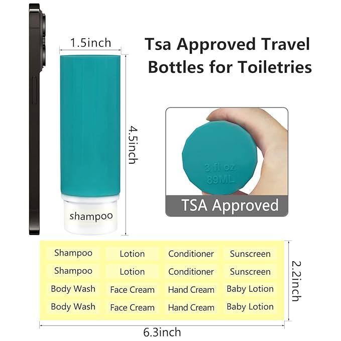 Yolaist Travel Bottles - 4 Pack TSA Approved Leakproof Silicone Portable Refillable Containers for Shampoo, Conditioner, Body Lotion, Soap (3oz/89ml)