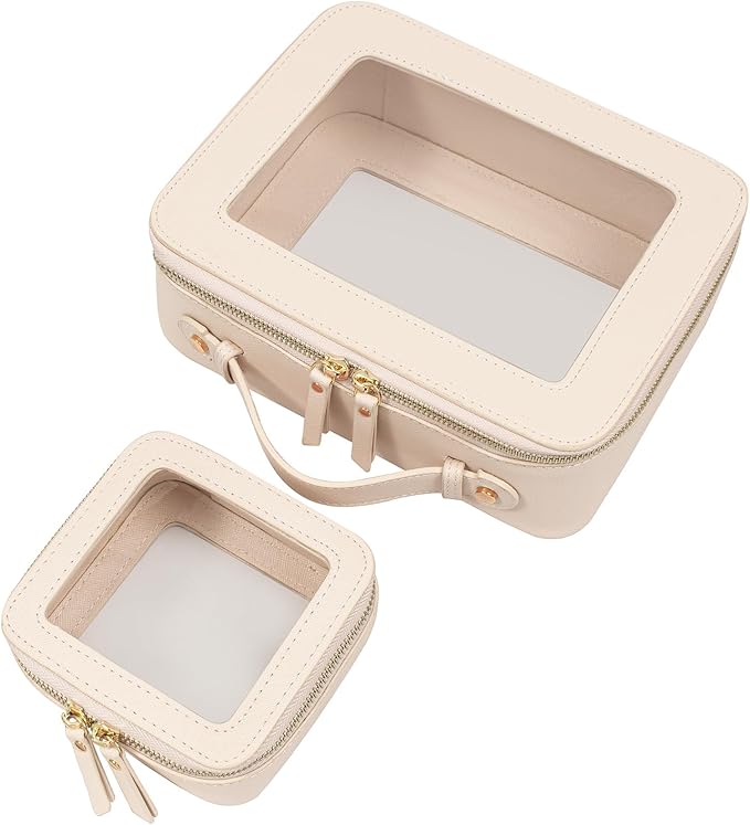 LETGO 2Pack Leather Clear Makeup Bags with Zipper Toiletry Bags for Car Essentials PVC Transparent Storage Pouch Travel Portable Lipstick Bag Organizer for Women (Mini+Large Beige)