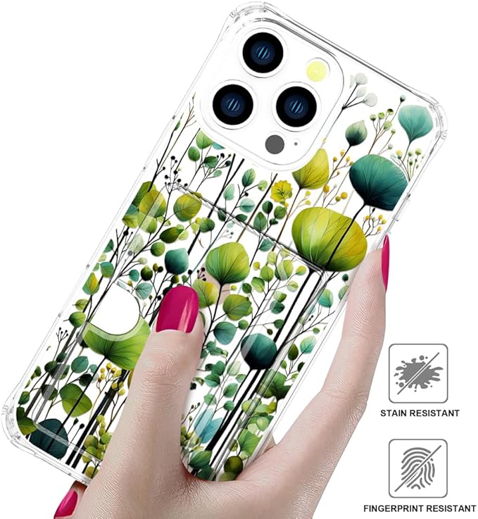 Compatible with iPhone 16 Pro Max Case Card Holder for Women Cute Design,Wallet Phone Cases Transparent Cool Kawaii Protective (Clear Green Flower Leaves Buds)