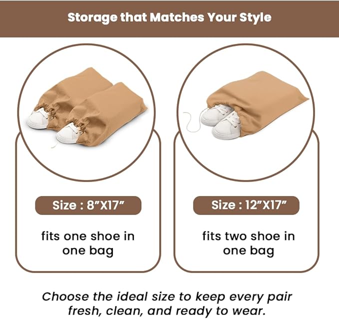 LFH Cotton Rich Shoe Storage Bags with Drawstring, Dustproof Breathable Reusable Organizer, Perfect For Travel, Dorm, Hotel, College, Gym, Easy to Carry, Machine Washable 8"x17" (Pack of 2) - Beige
