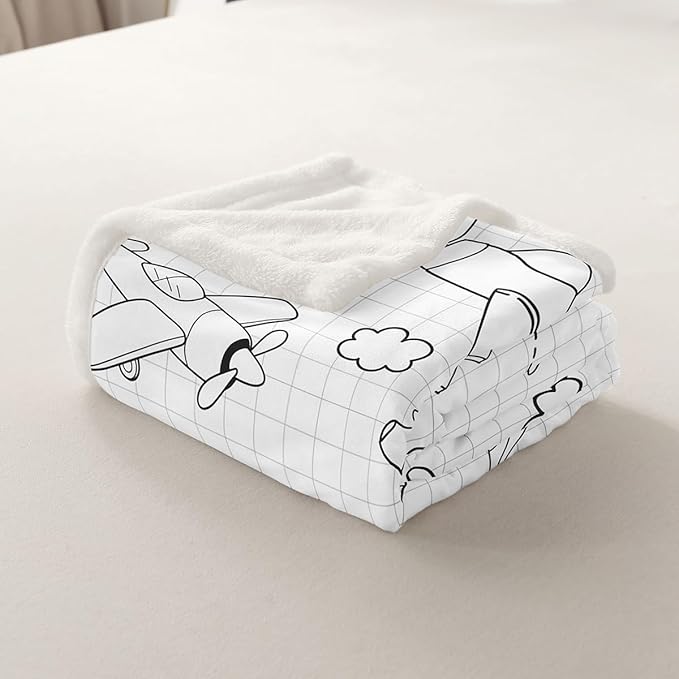 Cartoon Airplane Kids Throw Blanket,Cloud American Aircraft Cute Bed Blanket for Girls Boys Adults,Geometric Grids Patchwork Fleece Blanket,Black White Fuzzy Blanket,Queen Size (90 x 90 Inches)