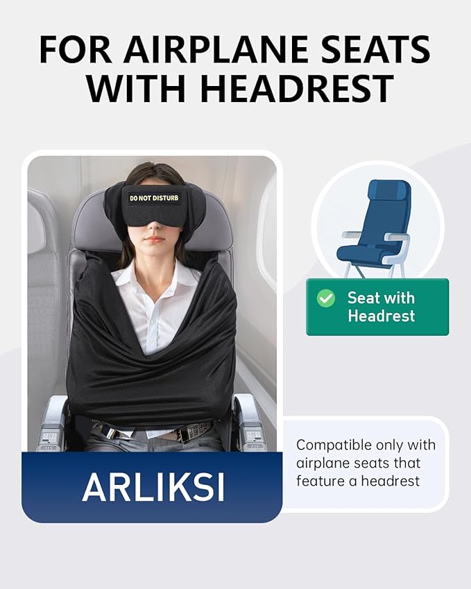 Travel Pillow and Blanket Set, Compact Airplane Pillow Bag with Eye Mask for Long Flights Sleeping, 360° Support Head Strap Travel Essentials for Plane Car Sleep Neck Upright, Stop Bobblehead (Black)