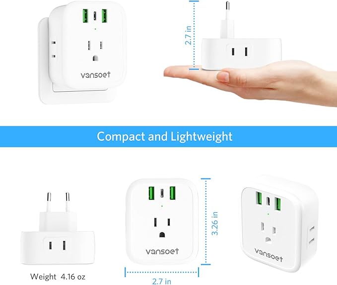 European Travel Plug Adapter, International Power Plug Adapter with USB C 20W 4 Outlets 3 Fast Charge Ports (PD&QC), Type C Plug Adapter Travel Essentials to Most of Europe Spain Italy France Germany