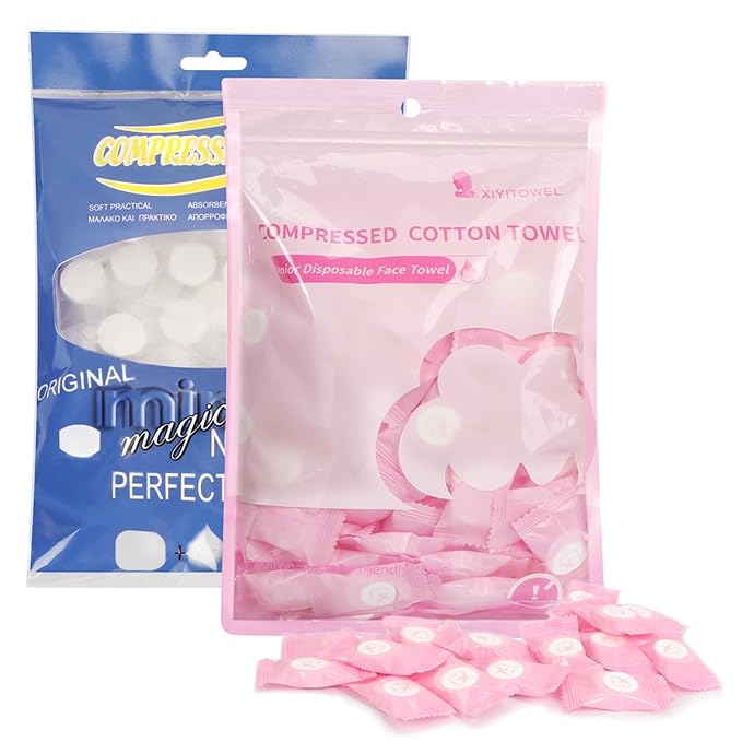 Classycoo Compressed Towel - 200 PCS Mini Tablets Disposable Portable Face Towel Coin Tissue for Travel, Camping, Hiking, Sport,Beauty Wipes, Outdoor Activities Pink+Blue
