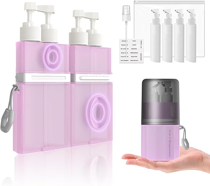 2P 4 in 1 Travel Toiletry Containers,TSA Approved Refillable Travel Size Toiletries Bottles Set with Suction Cup for Smooth Walls - for Shampoo,Conditioner,Body Wash,Lotion. (Pink+Grey)