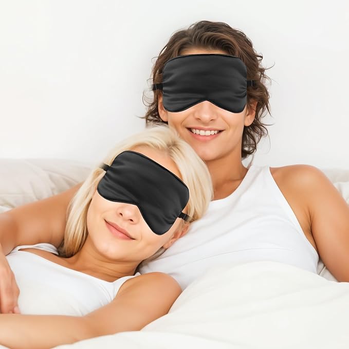 4 Pack Sleep Mask Silk Eye Mask for Sleeping, Mulberry Silk Eye Sleep Masks Shade Cover with Adjustable Strap, Satin Blindfold Blackout for Women Men, Reducing Puffy Traveling Glfts (Black)
