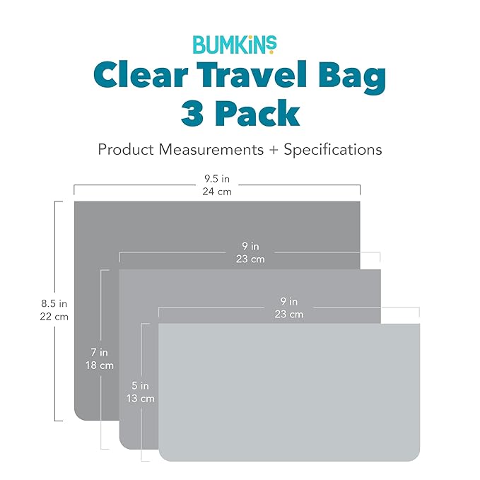 Bumkins Travel Bag, Toiletry, TSA Approved Packing Pouch, Zip Bag, Quart Size Airline Compliant, Clear-Sided, Set of 3 Sizes