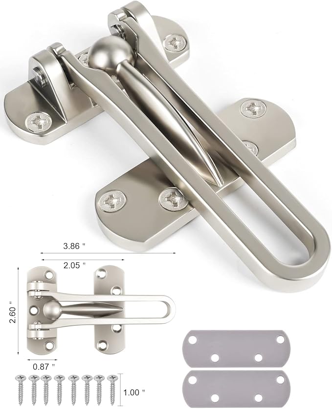 Door Lock Latch for Home Security - 2 Swing Bar Door Guard for Front and Inside Door, Safety Childproof Reinforcement Door Stopper for Kids Home Hotel Apartment, Thicken Aluminium Alloy Satin Nickel