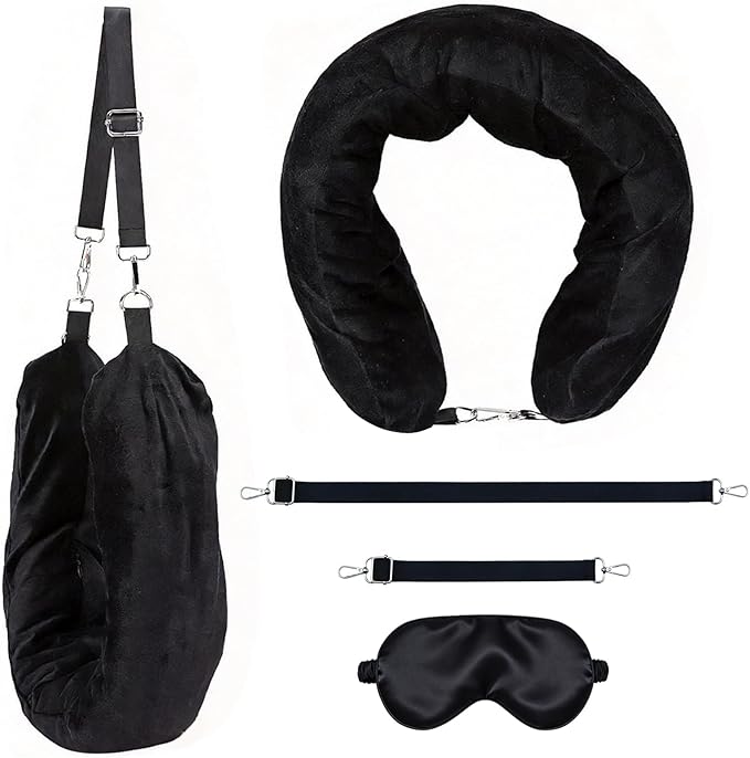Stuffable Travel Neck Pillow with Light-Blocking Sleep Mask, Fillable Airplane Neck Pillow for Clothes, Soft Velvet Neck Support with Strap