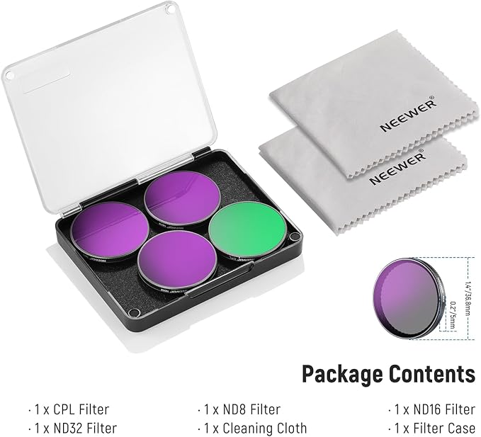 NEEWER ND Filter Set Compatible with DJI Osmo Action 5 Pro/4/3, 4 Pack Multicoated HD Optical Glass Snap On ND8/ND16/ND32/CPL Filters, Action Camera Lens Accessories with 2X Cleaning Cloth
