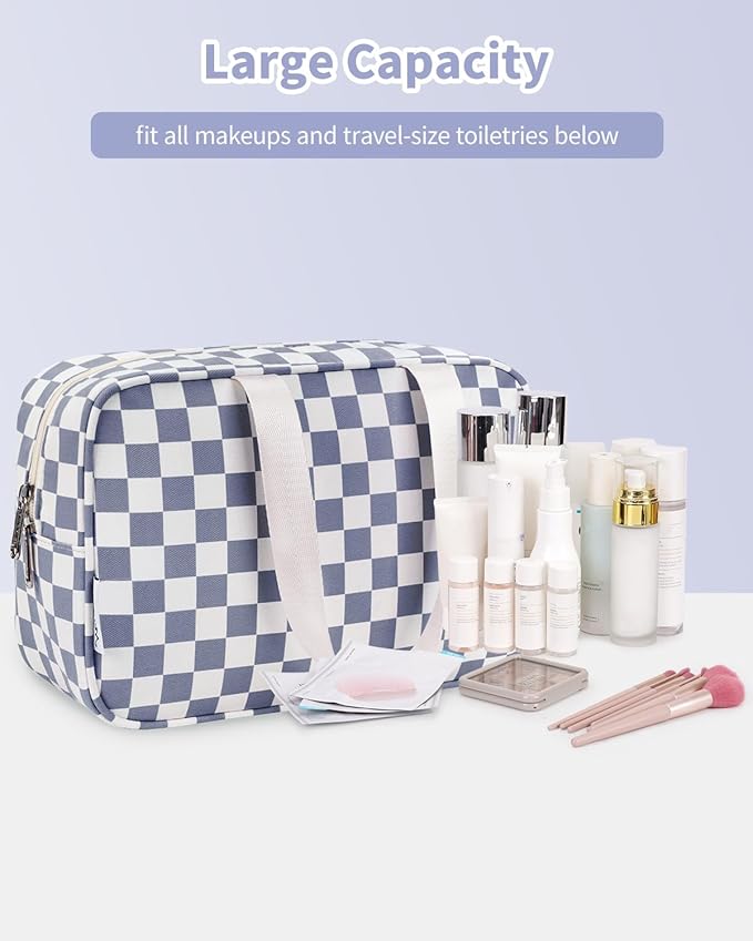 Narwey Large Toiletry Bag Women Large Cosmetic Bag Travel Makeup Bag Organizer Medicine Bag for Toiletries Essentials Accessories (Grayish Blue Checkerboard)