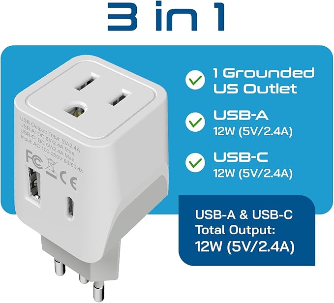Ceptics Brazil Travel Plug Set - with 2 USB + USA Socket Input - Type C and Type N- Ultra Compact - Safe Grounded Perfect for Cell Phones, Laptops, Camera Chargers