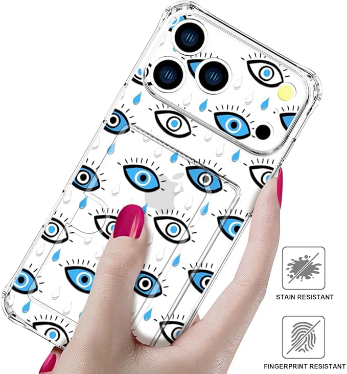 Compatible with iPhone 17 Pro Case Card Holder for Women Cute Design,Wallet Phone Cases Transparent Cool Kawaii Protective (Clear Blue Evil Eyes)