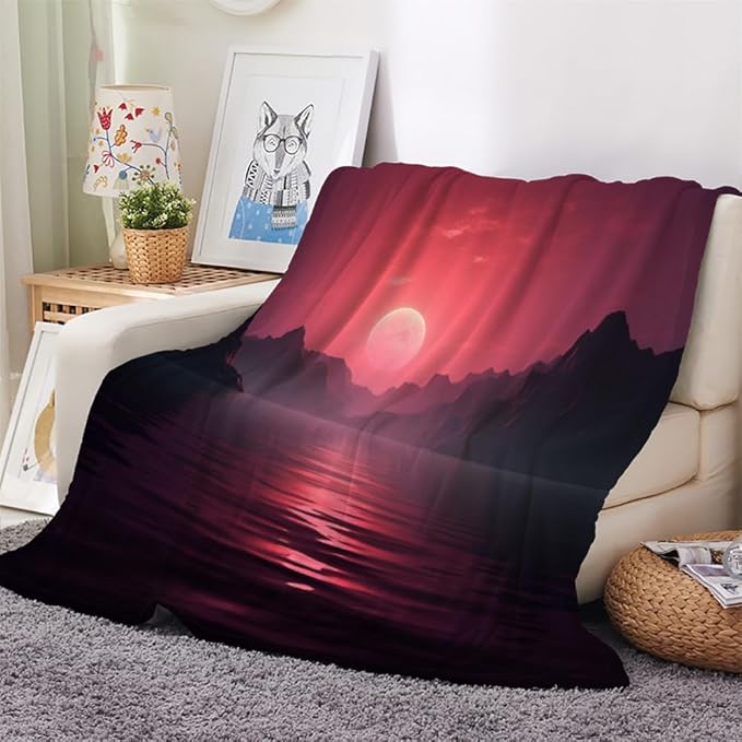 Neon Abstract Throw Blanket, Fleece Blanket for Couch Bed Sofa, Orange Sunset Blankets and Throws, Mountain Super Soft Cozy Plush Flannel Blanket, 50 x 70 in, Natural Landscape