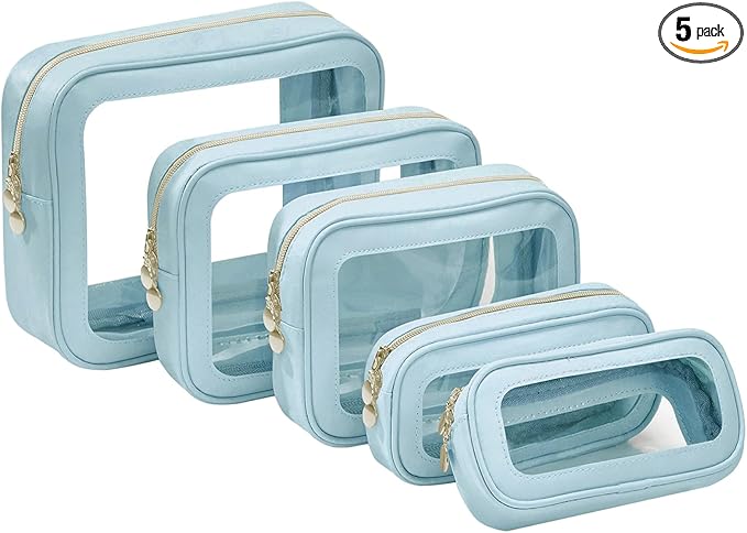 5PCS Diaper Bag Organizer Pouch Set, Clear Organizer Bags, TSA Approved Toiletry Bag, Clear Waterproof Cosmetic Bags with Zipper, Purse Organizer Pouches, Travel Organizer Bags for Woman and Kids Blue