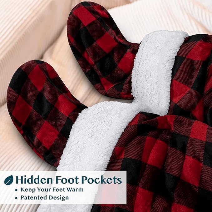 PAVILIA Sherpa Blanket with Sleeves, Foot Pocket for Women Men Adults, Thick Wearable Blanket Throw Wrap, Fleece Warm Snuggle Blanket Robe, Cozy Gift Ideas Wife Mom, Checkered Red